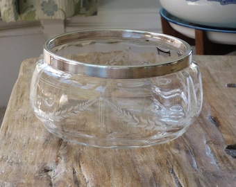 Lovely engraved crystal bowl with a silver plated rim