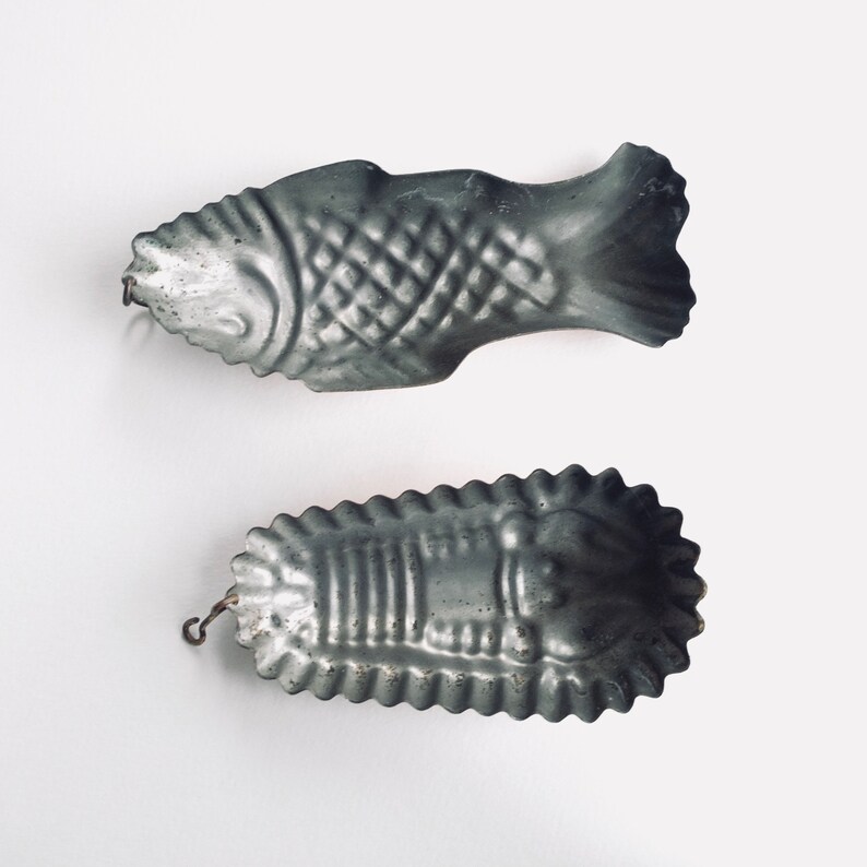 Mid Century Rustic Wall Hanging Kitchen Decor Jelly Mold French vintage Copper Tin Lined Fish and Lobster Mold
