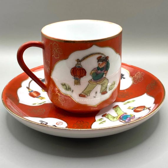 Juego de taza de café antigua pintada a mano, taza de café de