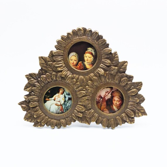 Vintage Brass Triple Photo Frame, Metal Triple Picture Frame
