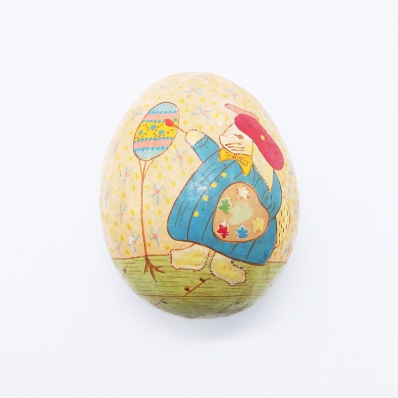 Antique Hand painted Egg Box, Easter Egg, Bunny Egg, Bunny Figurine image 1