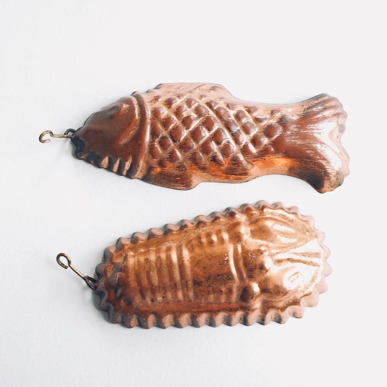 Mid Century Rustic Wall Hanging Kitchen Decor Jelly Mold French vintage Copper Tin Lined Fish and Lobster Mold