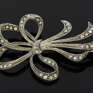 Antique Sterling Silver Brooch with and Marcasite Stones, antique brooch, ribbon brooch