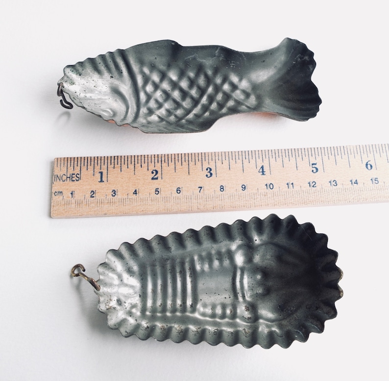 Mid Century Rustic Wall Hanging Kitchen Decor Jelly Mold French vintage Copper Tin Lined Fish and Lobster Mold