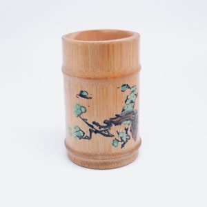 Vintage Hand painted Bamboo Pencil holder, Oriental Pencil holder