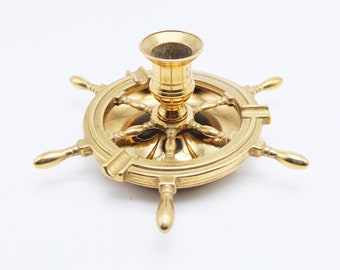 Vintage Brass Ashtray Helm and Candle holder, vintage Nautical Décor, Brass Helm, Brass Candleholder