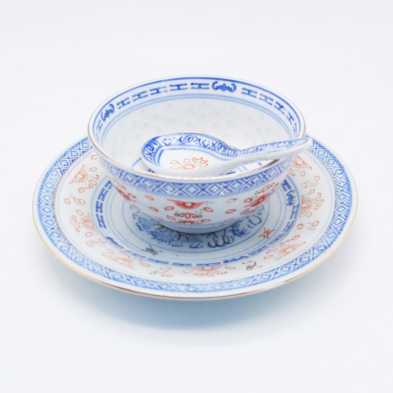 Antique SET Oriental Porcelain Soup Bowl Plate Spoon Etsy