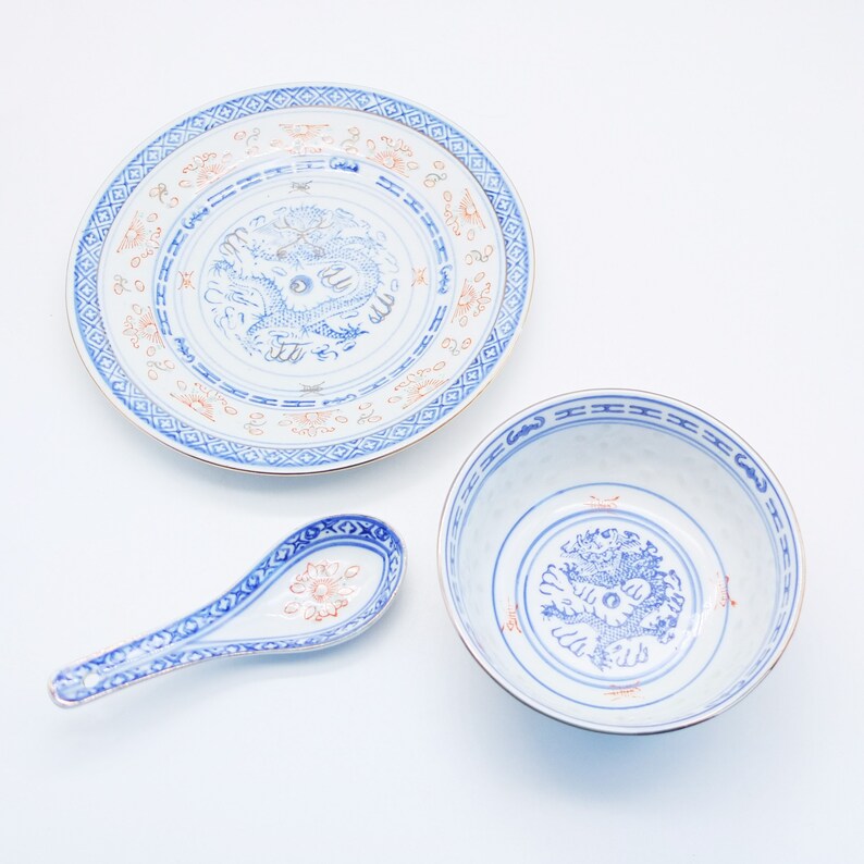 Antique SET Oriental Porcelain Soup Bowl Plate Spoon Etsy
