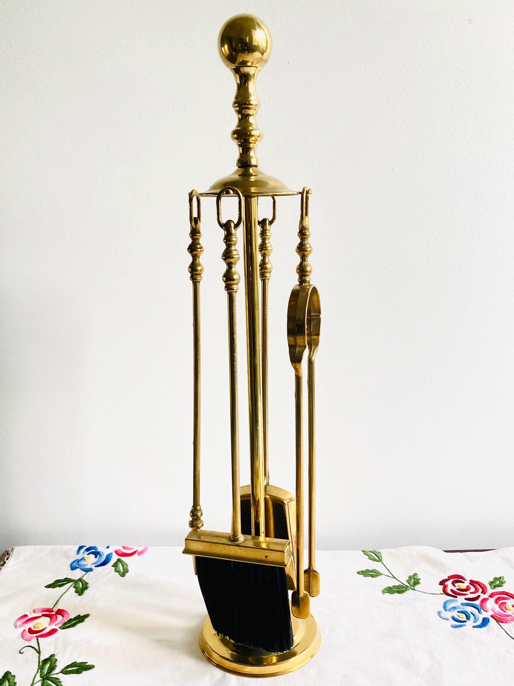 Vintage Brass Fireplace Tool Set, Fireplace Decor, Fireplace Broom, Shovel, Poker, Tongs
