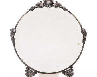 Feminine dressing sterling silver table mirror, silver tabletop mirror