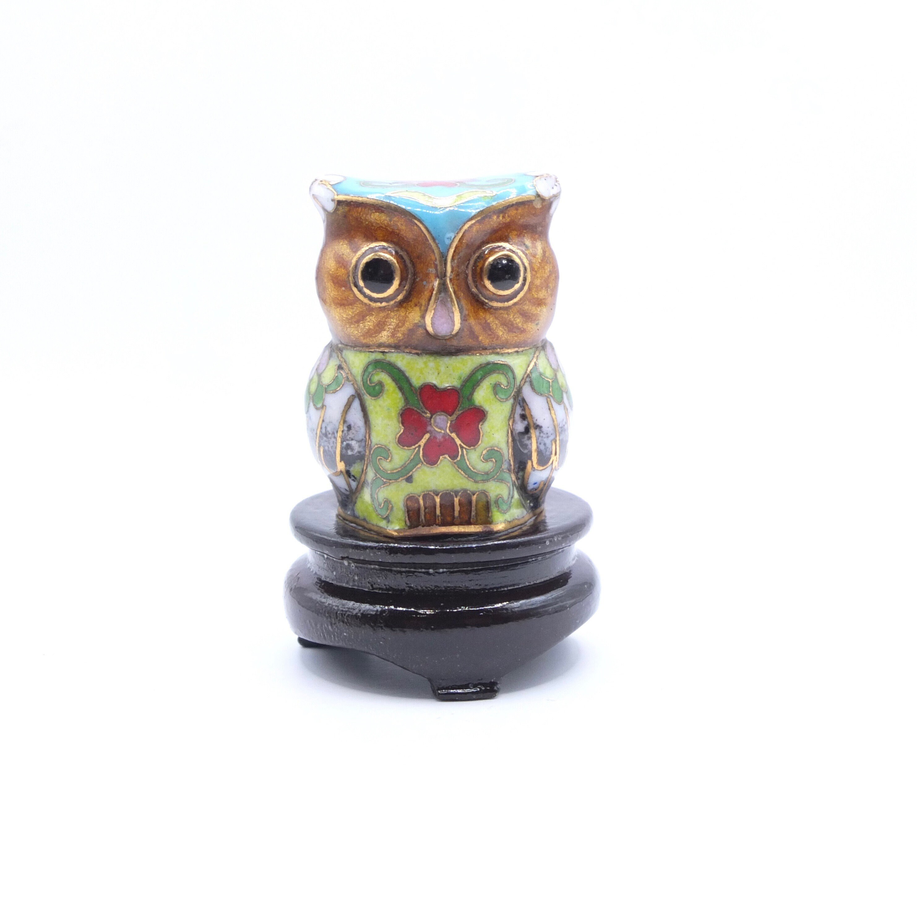 Vintage Cloisonn&eacute; Owl Figurine, Enamel Bird Sculpture Home Decor