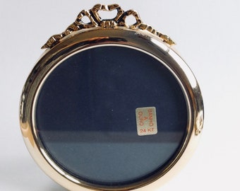 Feminine Oval Brass 24K GOLD Plated Photo Frame Ribbon Bow Frame