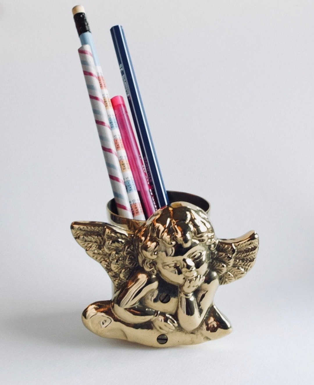 Vintage Brass Pencil Holder, Solid Brass Pen Holder, Brass Angel, Metal