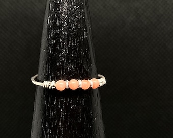Vintage Sterling Silver Coral Stone Ring, Beaded Design