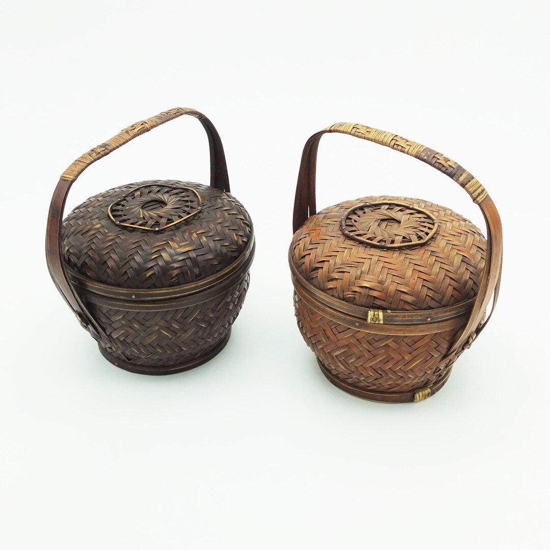 Vintage Antique Chinese Wedding Basket With Lid / Bamboo