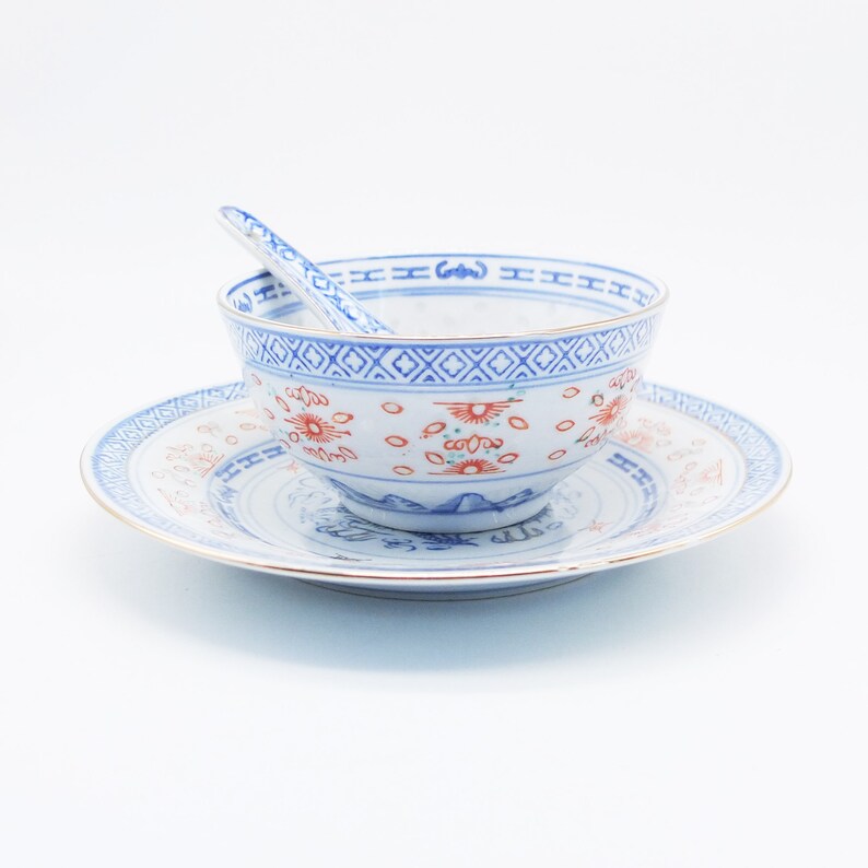 Antique SET Oriental Porcelain Soup Bowl Plate Spoon Etsy