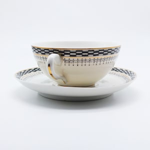 Vintage Art Déco Tea Cup, Antique Hand painted Portuguese Vista Alegre Tea cup and Plate, Black and White Pattern