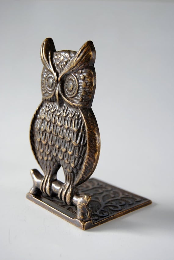 Vintage Brass Owl Bookends - Metal Book End Pair - UK