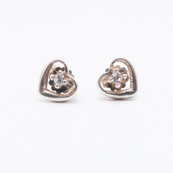 Vintage Sterling Silver Heart Shaped Earrings, Zirconia
