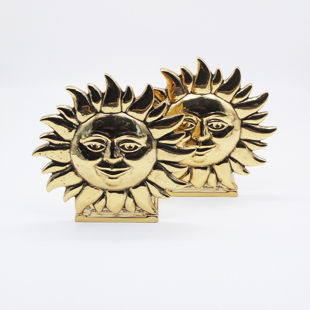 Vintage Pair of Brass Sun Bookends Vintage Metal Bookends Etsy