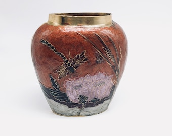 Antique Cloisonné Chinese Dragonfly Flower Vase, Vintage Cloisonné Vase