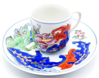 Taza y platillo de café vintage pintados a mano, juego de café de porcelana fina, porcelana oriental.