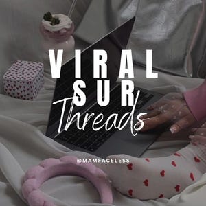 Peut inclure: Un ordinateur portable avec le texte "Viral Sur Threads" et le nom d'utilisateur "@MAMFACELESS" affiché à l'écran. L'ordinateur portable est sur une couverture blanche avec un bandeau rose, une chaussette rose et blanche avec des cœurs rouges et une boisson rose avec une paille.