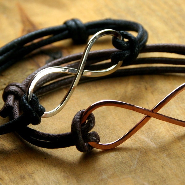 Vegan Silver or Copper Unisex Infinity Bracelet with Waxed Linen Cord - Adjustable