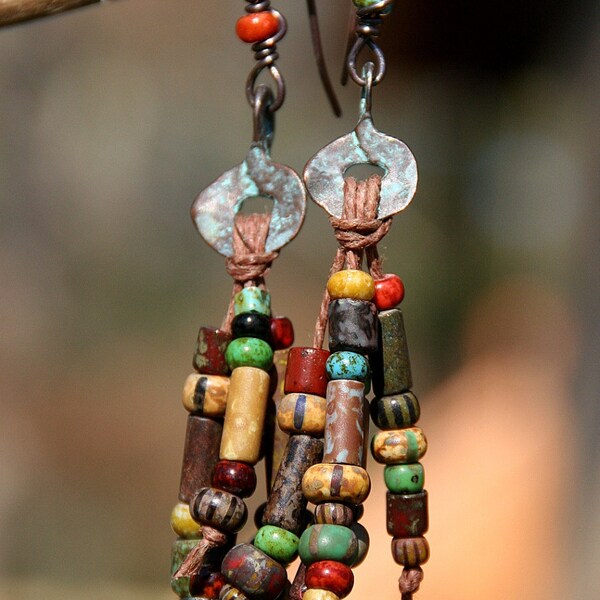 Hippie Chic Fringe  - Rustic Verdigris Mykonos and Picasso Beaded Fringe on Hemp ~ Earrings ~ Gifts for her, BOHO, Gypsy, Copper jewelry