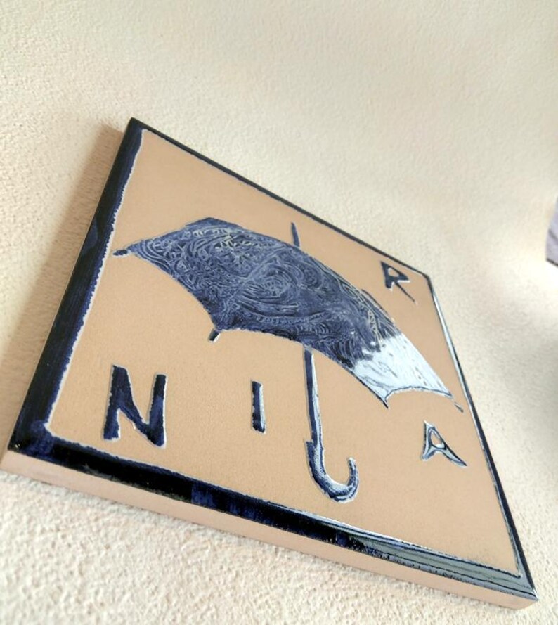 Może przedstawiać: Kwadratowa płytka ceramiczna z beżowym tłem i granatową obw&oacute;dką. Płytka przedstawia granatowy wz&oacute;r parasola oraz litery "N", "I", "A" i "R".