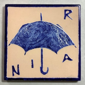 Może przedstawiać: Kwadratowa płytka ceramiczna z niebieskim wzorem parasola i literami "N", "I", "R" i "A". Parasol ma szczeg&oacute;łowy wz&oacute;r, na jasnym, brzoskwiniowym tle z ciemnoniebieską obw&oacute;dką.