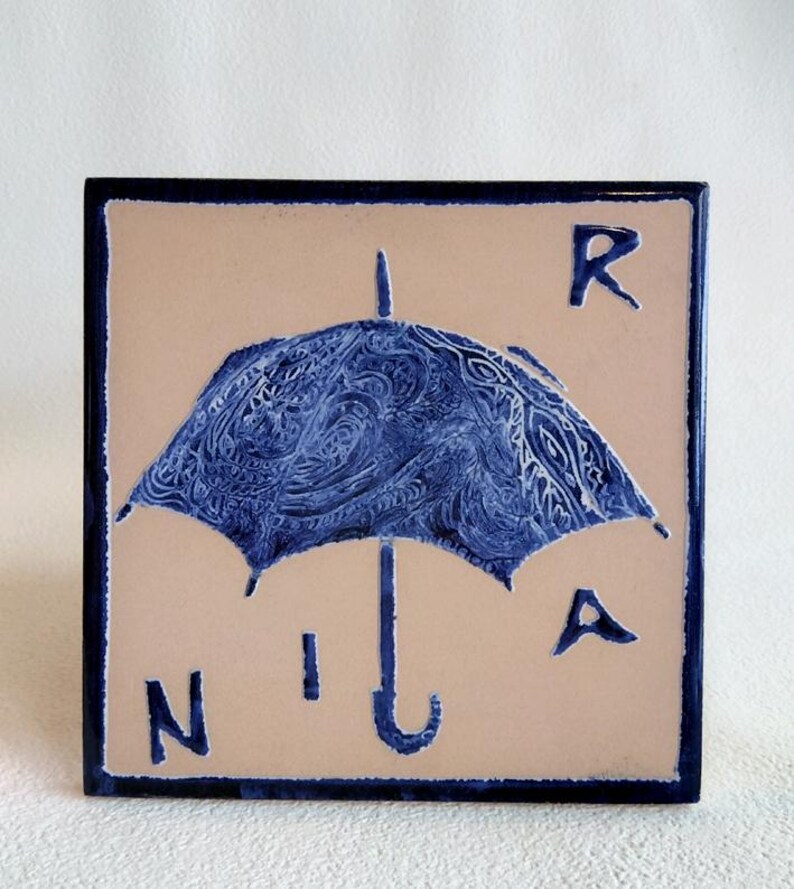 Może przedstawiać: Kwadratowa płytka ceramiczna z niebieskim wzorem parasola i literami "R", "N", "I" i "A". Parasol ma szczeg&oacute;łowy wz&oacute;r, na beżowym tle z ciemnoniebieską obw&oacute;dką.