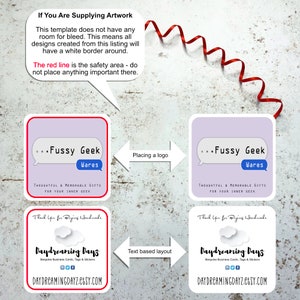 May include: A digital template for business cards with a purple background and the text "...Fussy Geek Wares Thoughtful & Memorable Gifts For Your Inner Geek" and "Thank You for Buying Handmade Daydreaming Dayz Bespoke Business Cards, Tags & Stickers DAYDREAMINGDAYZ.ETSY.COM".