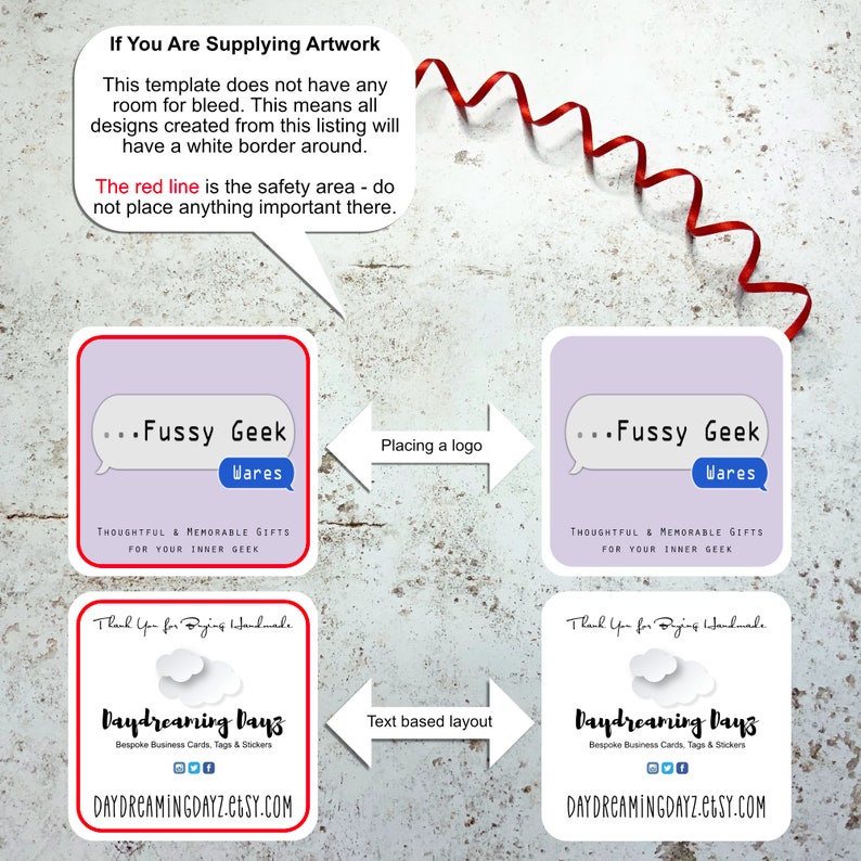 May include: A digital template for business cards with a purple background and the text "...Fussy Geek Wares Thoughtful & Memorable Gifts For Your Inner Geek" and "Thank You for Buying Handmade Daydreaming Dayz Bespoke Business Cards, Tags & Stickers DAYDREAMINGDAYZ.ETSY.COM".