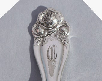 Spoon Keychain Spoon Key Chain Silver Spoon Handle Silverware Key Ring American Beauty Rose Pattern C Monogram Romantic Bridesmaid Gift