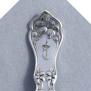 May include: Close-up of the top of a silver spoon with an ornate floral design and the initial "T" engraved on the handle.