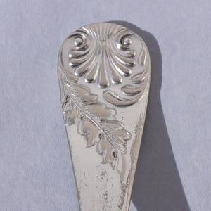 May include: Close-up of a silver spoon with ornate detailing. The spoon's handle features a stylized leaf and shell design. The silver surface shows signs of wear, adding to its vintage appeal. The spoon is likely part of a silverware set.