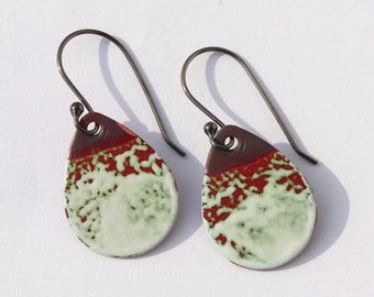 Torch Fired Enamel Earrings Copper Enamel Teardrop Earrings Vitreous Handmade Light Green, Moss Green, Cooper