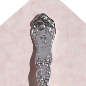 May include: Close-up of the top of a silver spoon with an ornate design featuring flowers and the letter "R" engraved on the handle.