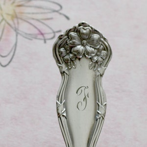 May include: Close-up of a silver spoon handle with floral and star designs. The handle features a flower design at the top and the letter "F" engraved in the center. The spoon is likely vintage or antique.
