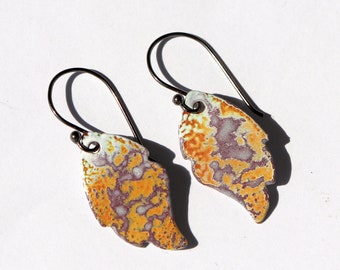 Torch Fired Enamel Earrings Copper Enamel Feather Earrings Leaf Earrings Vitreous Handmade in Maryland Purple, Orange Glass on Copper