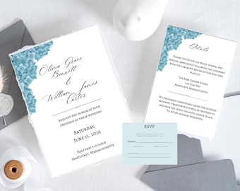 Nantucket Hydrangea Wedding Invitation Template Coastal Blue Floral Design Editable Canva Download File
