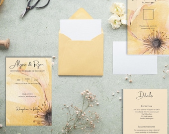 Buttercup Yellow Wedding Invite | Modern Floral Template | Canva Editable