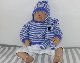 madmonkeyknits - Baby Stripe Sweater, Bobble Beanie and Teddy Bear Toy knitting pattern pdf download - Instant Digital File