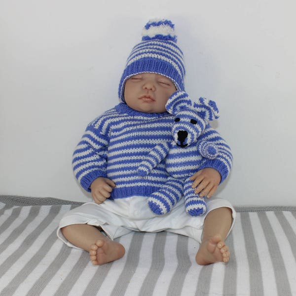 madmonkeyknits - Baby Stripe Sweater, Bobble Beanie and Teddy Bear Toy knitting pattern pdf download - Instant Digital File