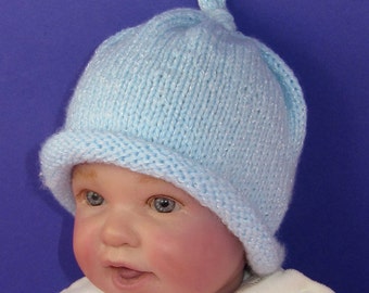 Instant Digital File pdf download Knitting pattern - Baby Roll Brim Topknot Beanie hat knitting pattern