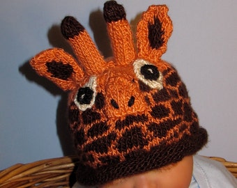 Instant Digital File pdf download knitting pattern- Baby Giraffe Hat animal roll brim knitting pattern pdf download