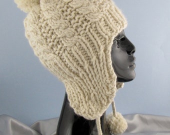 Instant Digital File PDF Download knitting pattern - Big Bobble Superfast Cable Trapper Hat pdf download knitting pattern