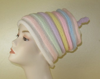 Instant Digital File PDF Download Knitting Pattern - Candy Stripe Roll Brim Beehive Topknot Slouch