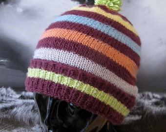 Instant Digital File pdf download Stripe Bobble Pom Pom Beanie Hat knitting pattern pdf download